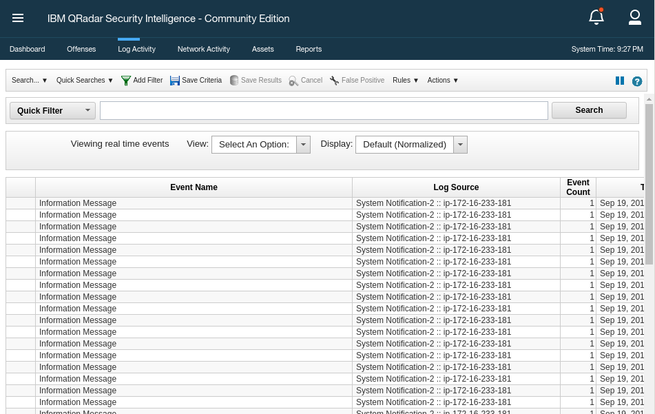 QRadar Log Activity showing logs from Snort and Check Point